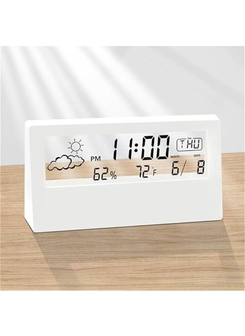 White Transparent Modern Design Digital Alarm Clock with Temperature, Humidity, and Snooze - Stylish Battery Operated Desk Clock for Home & Office Decor - Ideal for Living Room, Bedroom, Shelf.