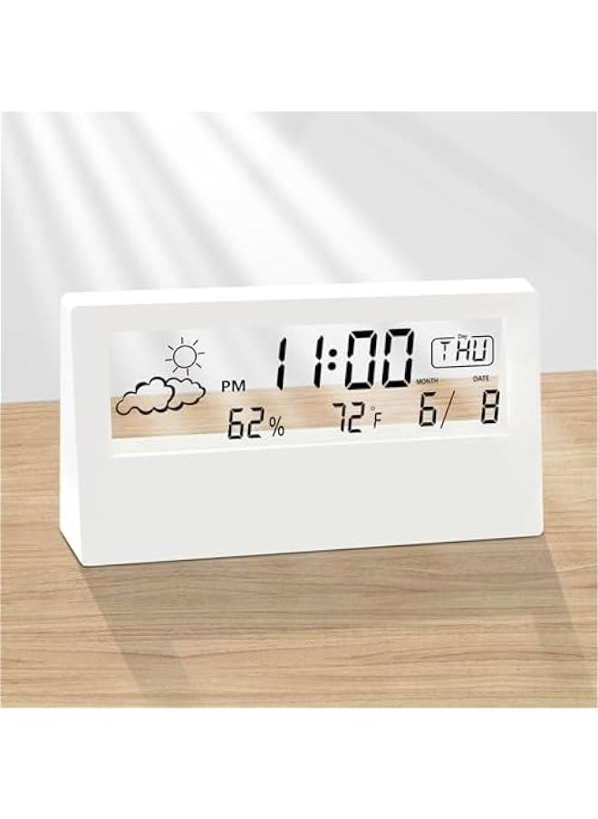 White Transparent Modern Design Digital Alarm Clock with Temperature, Humidity, and Snooze - Stylish Battery Operated Desk Clock for Home & Office Decor - Ideal for Living Room, Bedroom, Shelf.