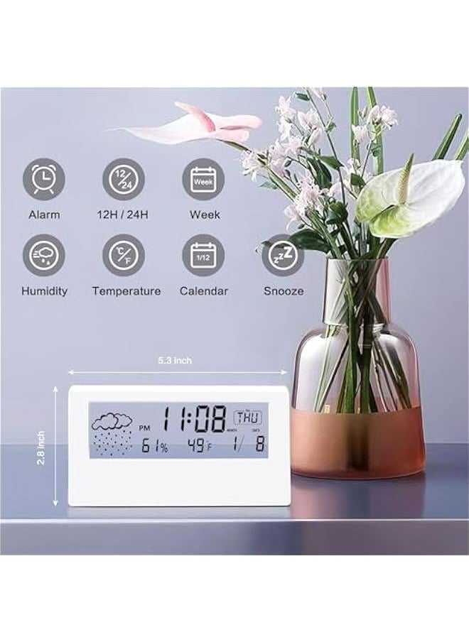 White Transparent Modern Design Digital Alarm Clock with Temperature, Humidity, and Snooze - Stylish Battery Operated Desk Clock for Home & Office Decor - Ideal for Living Room, Bedroom, Shelf.