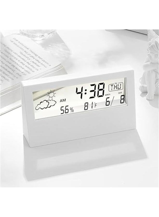 White Transparent Modern Design Digital Alarm Clock with Temperature, Humidity, and Snooze - Stylish Battery Operated Desk Clock for Home & Office Decor - Ideal for Living Room, Bedroom, Shelf.