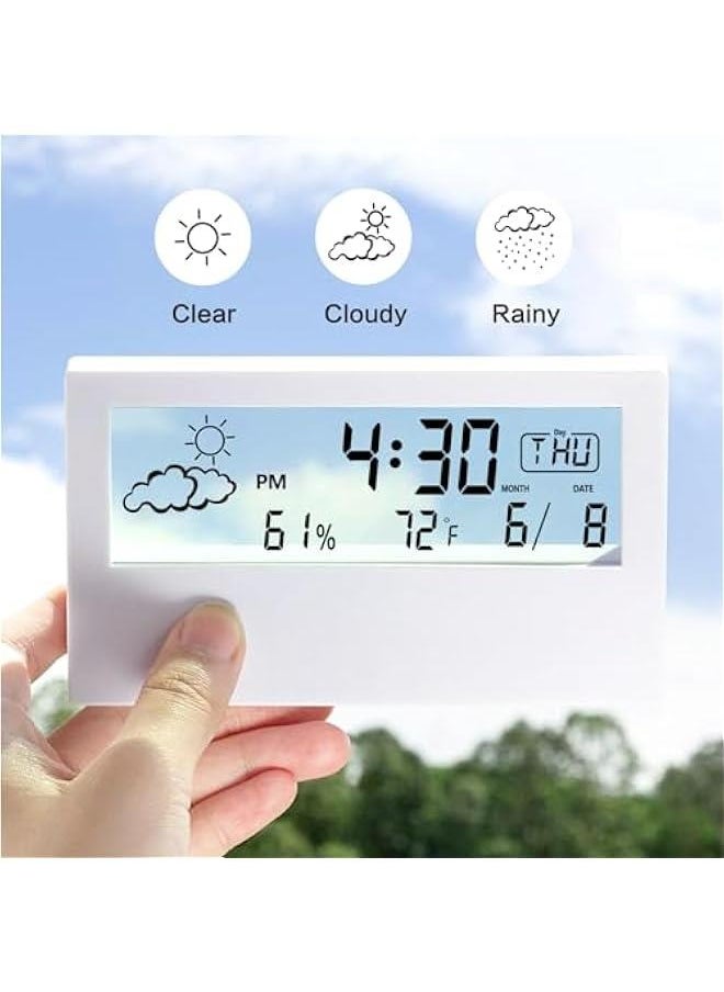 White Transparent Modern Design Digital Alarm Clock with Temperature, Humidity, and Snooze - Stylish Battery Operated Desk Clock for Home & Office Decor - Ideal for Living Room, Bedroom, Shelf.