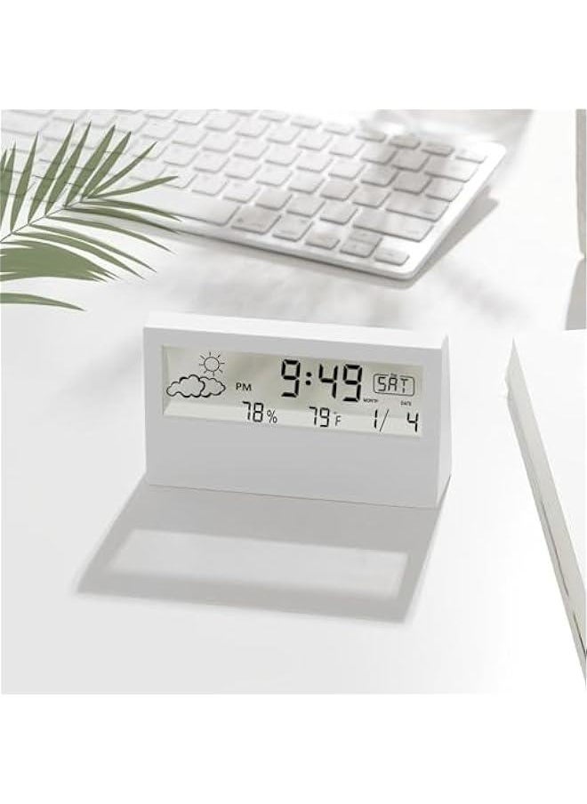 White Transparent Modern Design Digital Alarm Clock with Temperature, Humidity, and Snooze - Stylish Battery Operated Desk Clock for Home & Office Decor - Ideal for Living Room, Bedroom, Shelf.