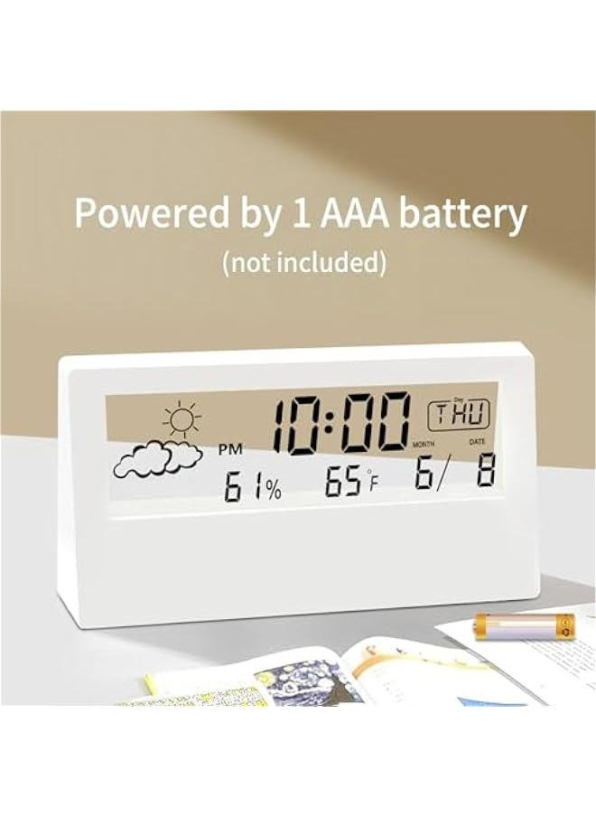 White Transparent Modern Design Digital Alarm Clock with Temperature, Humidity, and Snooze - Stylish Battery Operated Desk Clock for Home & Office Decor - Ideal for Living Room, Bedroom, Shelf.