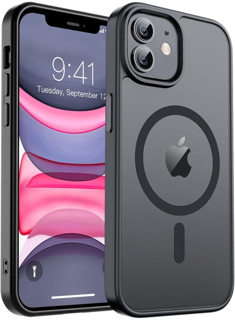 جراب مغناطيسي لهاتف آيفون 11، حماية عالية الجودة ضد السقوط مع شريط مقاوم للصدمات، جراب خلفي غير لامع شفاف | أسود