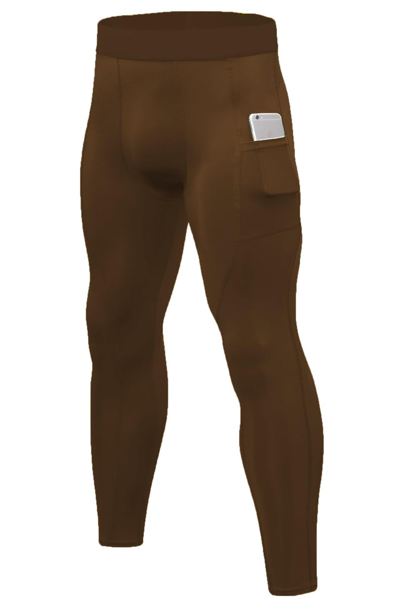 SPVISE Brown Athletic Compression Pants Men with Pockets, Thermal Leggings Baselayer Workout Tights for Gym Yoga Basketball - Image 1