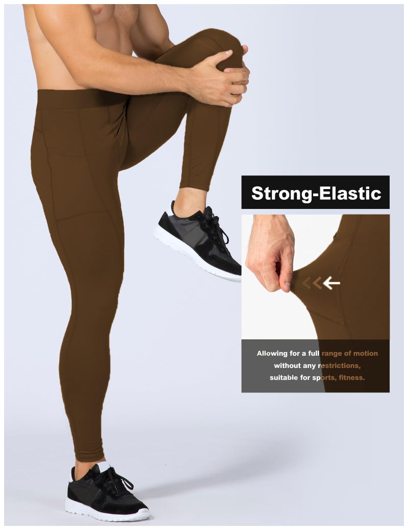 SPVISE Brown Athletic Compression Pants Men with Pockets, Thermal Leggings Baselayer Workout Tights for Gym Yoga Basketball - Image 4