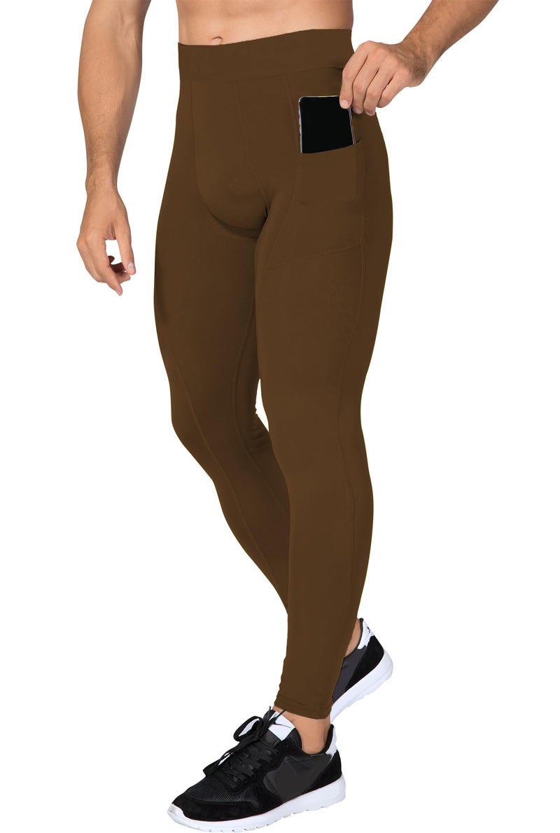 SPVISE Brown Athletic Compression Pants Men with Pockets, Thermal Leggings Baselayer Workout Tights for Gym Yoga Basketball - Image 2