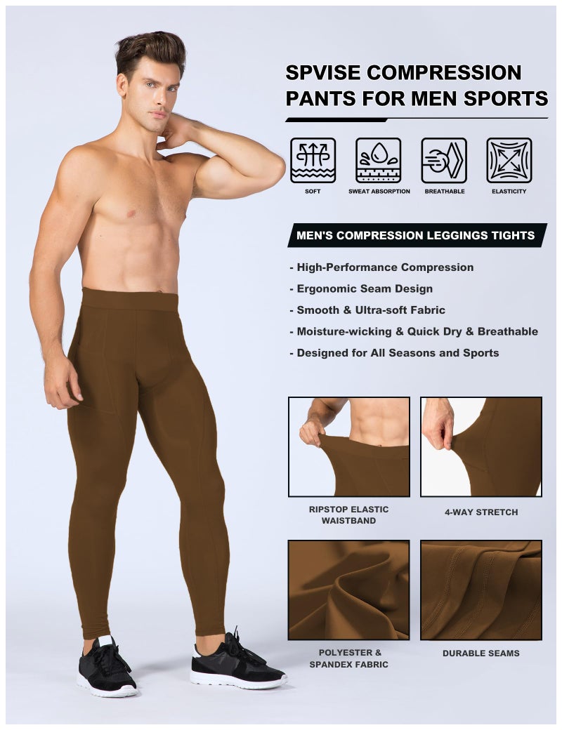 SPVISE Brown Athletic Compression Pants Men with Pockets, Thermal Leggings Baselayer Workout Tights for Gym Yoga Basketball - Image 5
