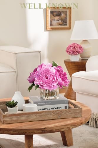 WELL KNOWN Artificial Peonies Flowers Arrangements in Cube Glass Vase, WELLKNOWN Silk Flower Centerpieces for Dining Room Table, Coffee Table Decor, Faux Peony Flowers with Faux Water (Bicolor Purple) - Image 3