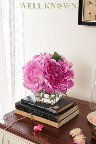 WELL KNOWN Artificial Peonies Flowers Arrangements in Cube Glass Vase, WELLKNOWN Silk Flower Centerpieces for Dining Room Table, Coffee Table Decor, Faux Peony Flowers with Faux Water (Bicolor Purple) - Image 2