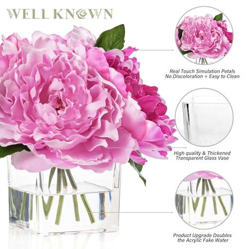 WELL KNOWN Artificial Peonies Flowers Arrangements in Cube Glass Vase, WELLKNOWN Silk Flower Centerpieces for Dining Room Table, Coffee Table Decor, Faux Peony Flowers with Faux Water (Bicolor Purple) - Image 5