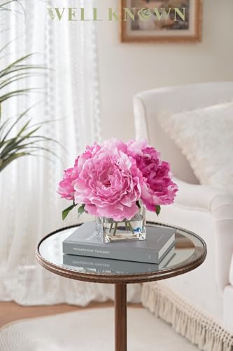 WELL KNOWN Artificial Peonies Flowers Arrangements in Cube Glass Vase, WELLKNOWN Silk Flower Centerpieces for Dining Room Table, Coffee Table Decor, Faux Peony Flowers with Faux Water (Bicolor Purple) - Image 4