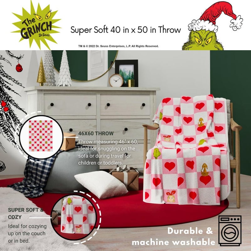 Franco The Grinch Checkered Christmas Holiday Heart Bedding Super Soft Silk Touch Throw  40 in x 50 in  (Officially Licensed Product) - Image 2
