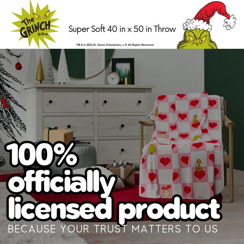 Franco The Grinch Checkered Christmas Holiday Heart Bedding Super Soft Silk Touch Throw  40 in x 50 in  (Officially Licensed Product) - Image 5