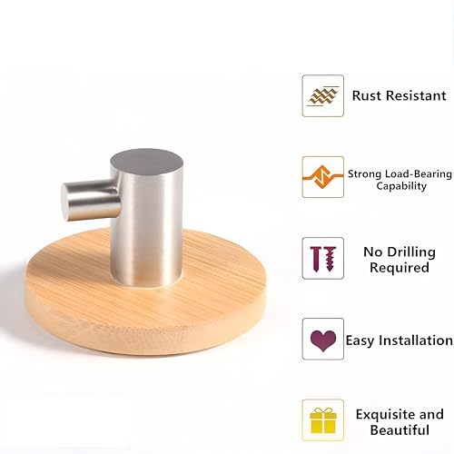 JIALTO 6 pcs Wooden Bathroom and Kitchen Hook, Self Adhesive Wall Hook - Essential Bathroom Accessories, Stylish Home Decor Items, Durable Kitchen Accessories Items (Round Silver Wooden) - Image 5