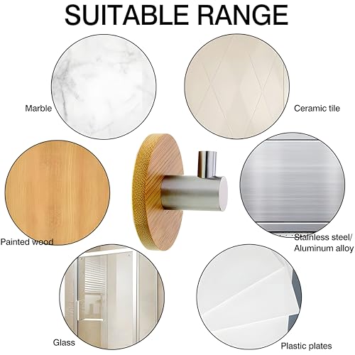 JIALTO 6 pcs Wooden Bathroom and Kitchen Hook, Self Adhesive Wall Hook - Essential Bathroom Accessories, Stylish Home Decor Items, Durable Kitchen Accessories Items (Round Silver Wooden) - Image 4