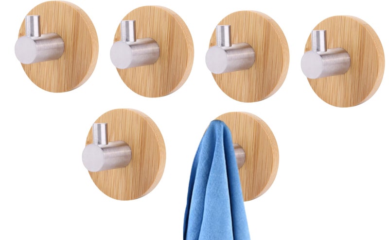 JIALTO 6 pcs Wooden Bathroom and Kitchen Hook, Self Adhesive Wall Hook - Essential Bathroom Accessories, Stylish Home Decor Items, Durable Kitchen Accessories Items (Round Silver Wooden) - Image 1