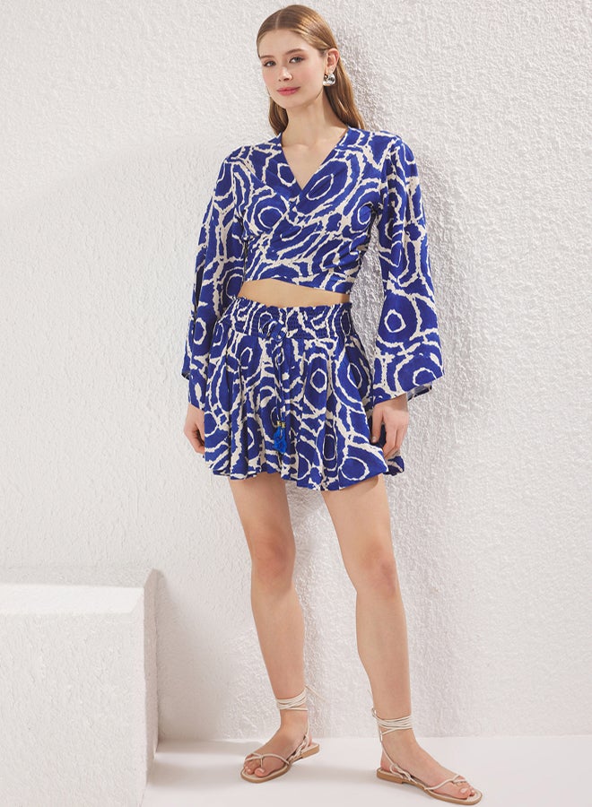 trendyol Blue Front Tie Detail Viscose Crop Blouse and Shorts Skirt Woven Bottom-Top Set - Image 2