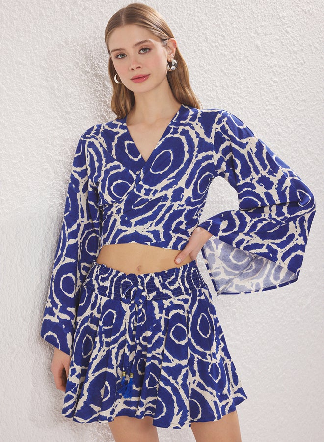 trendyol Blue Front Tie Detail Viscose Crop Blouse and Shorts Skirt Woven Bottom-Top Set - Image 3