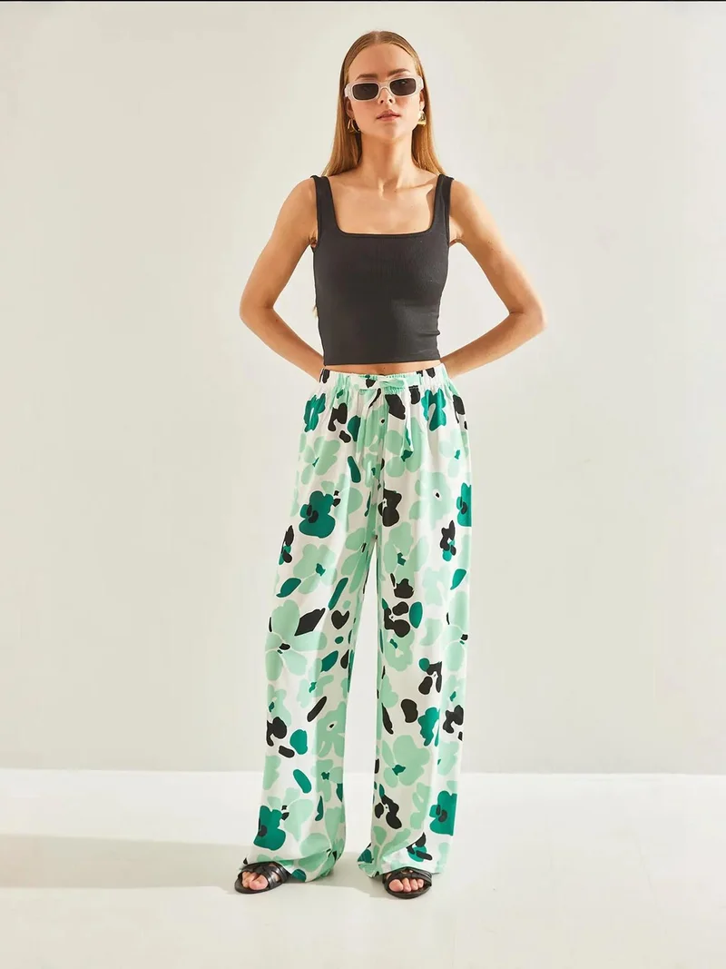 Bianco Lucci Green LUCCI Abstract Print Wide Leg Relaxed Pants for Women | Best Price UAE