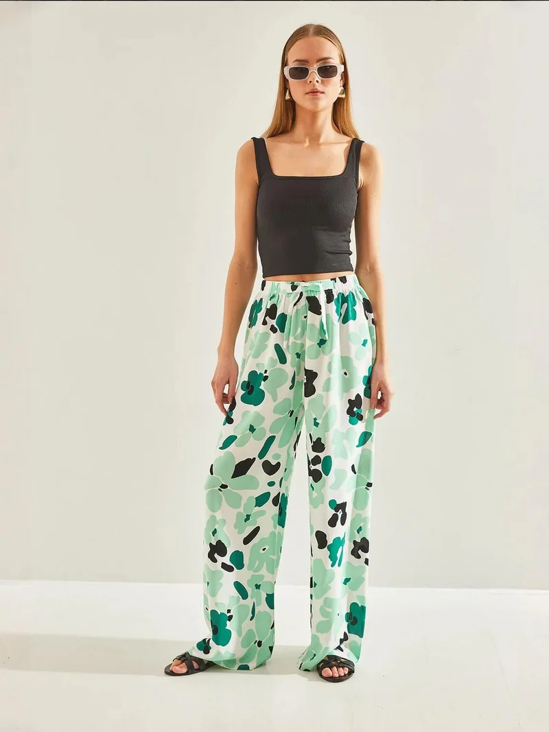 Bianco Lucci Green LUCCI Abstract Print Wide Leg Relaxed Pants for Women | Best Price UAE