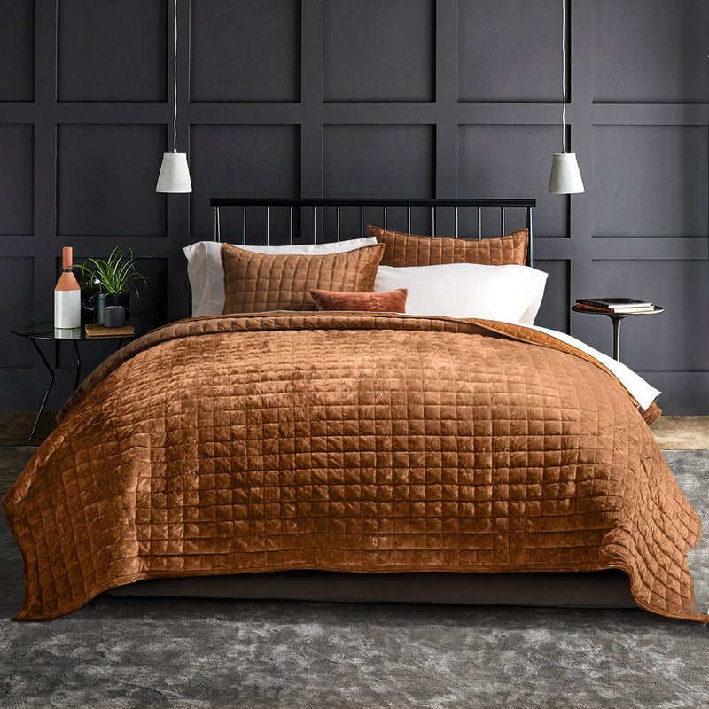 RECYCO Luxury Velvet Quilt Set, California King 118'' x 106'' Oversized Bedspread, Ultra Soft Velvet Comforter, Lightweight Box Stitch Bedding Sets for All Season, with 2 Shams, Rusty Burnt Orange - Image 1