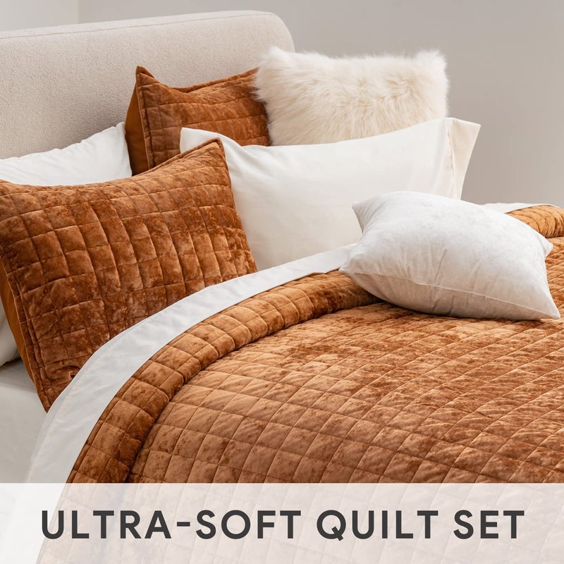 RECYCO Luxury Velvet Quilt Set, California King 118'' x 106'' Oversized Bedspread, Ultra Soft Velvet Comforter, Lightweight Box Stitch Bedding Sets for All Season, with 2 Shams, Rusty Burnt Orange - Image 4