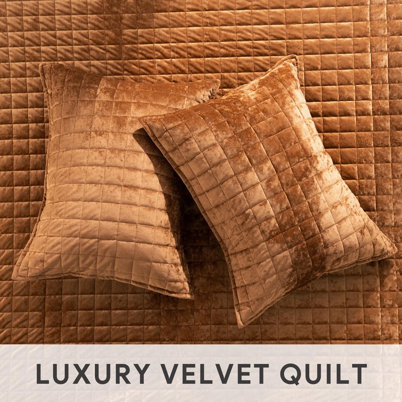 RECYCO Luxury Velvet Quilt Set, California King 118'' x 106'' Oversized Bedspread, Ultra Soft Velvet Comforter, Lightweight Box Stitch Bedding Sets for All Season, with 2 Shams, Rusty Burnt Orange - Image 5