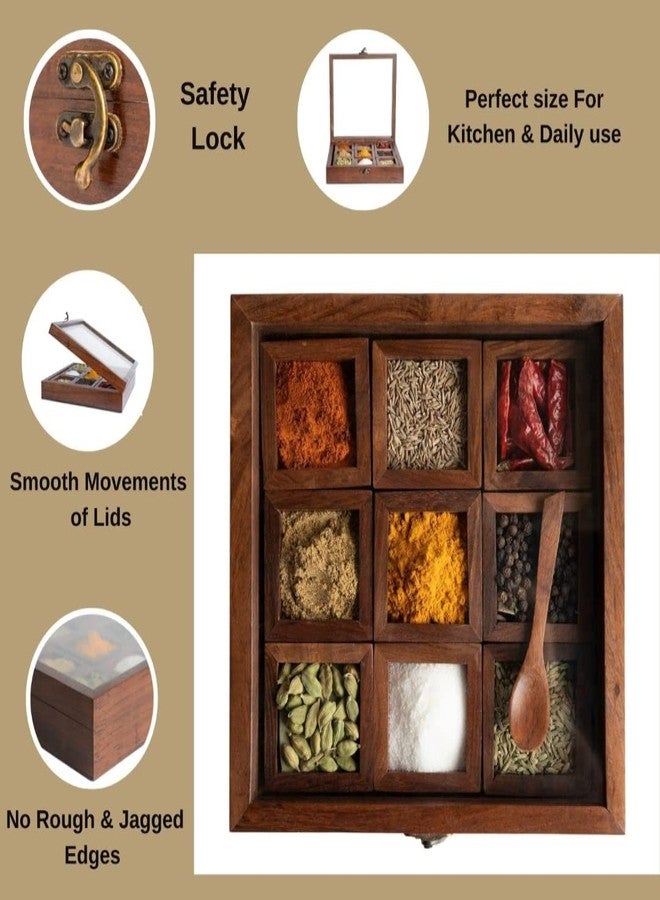 THEHEARTWILL Sheesham Wooden Spice Box with 2 Spoons | Wooden Masala Box for Kitchen with Removable Partitions | Spice Box Wooden Namak Dani | Wood Masala Dabba Dani Container, 50 ml, Brown. - Image 3
