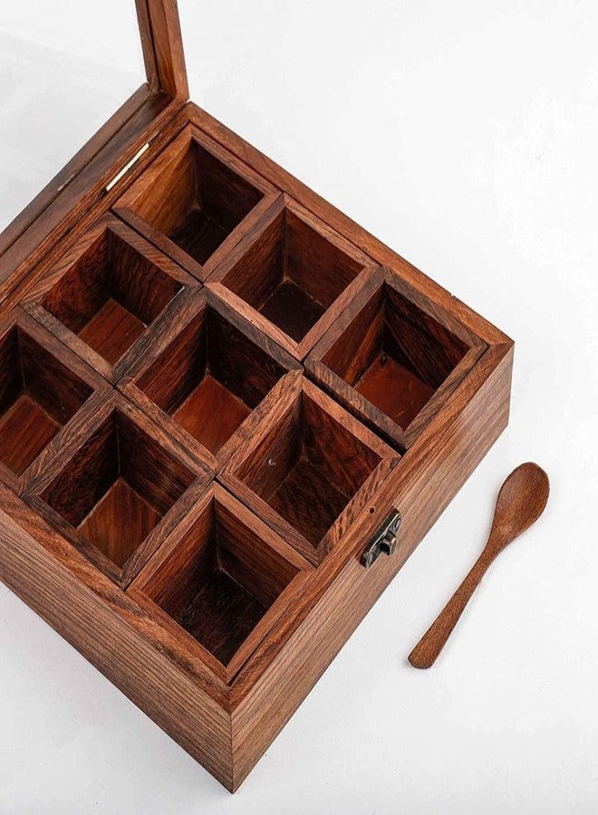 THEHEARTWILL Sheesham Wooden Spice Box with 2 Spoons | Wooden Masala Box for Kitchen with Removable Partitions | Spice Box Wooden Namak Dani | Wood Masala Dabba Dani Container, 50 ml, Brown. - Image 2