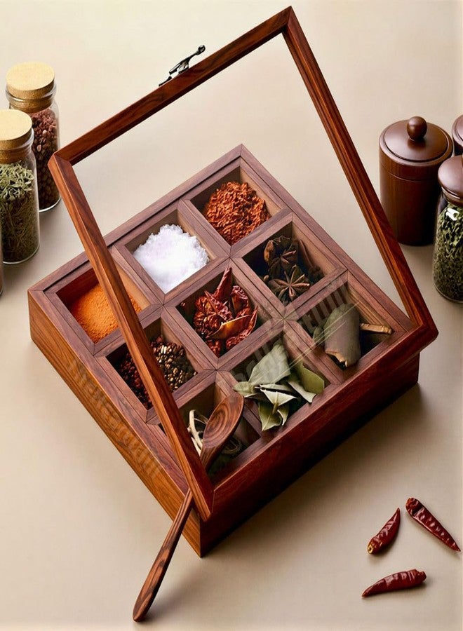 THEHEARTWILL Sheesham Wooden Spice Box with 2 Spoons | Wooden Masala Box for Kitchen with Removable Partitions | Spice Box Wooden Namak Dani | Wood Masala Dabba Dani Container, 50 ml, Brown. - Image 1