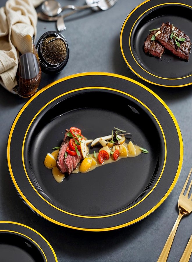 bUCLA طقم عشاء بلاستيكي أسود وذهبي من bUCLA مكون من 150 قطعة - يكفي لـ 25 ضيفًا. يتضمن الطقم 25 طبق عشاء، 25 طبق حلوى، 25 ملعقة، 25 شوكة، 25 سكين، و25 كوبًا، مناسب لحفلات الزفاف والمناسبات. - Image 4
