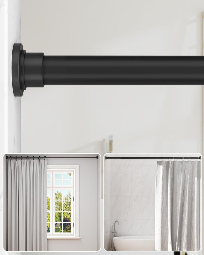 HEAVY DUTY TENSION SHOWER CURTAIN ROD 4283 INCHES FOR BATHROOM WINDOW NONSLIP ADJUSTABLE WITH STRONG SPRING POLE FOR CLOSET DOORWAY NO RUST NO DRILLING BLACK