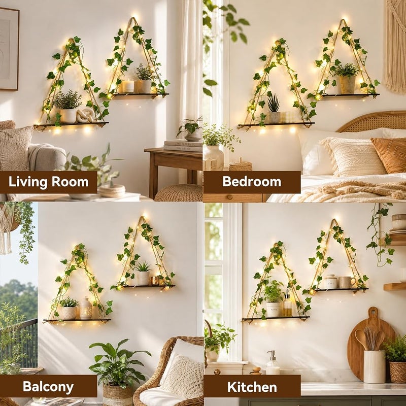 Artilady 2 Pack Artificial Ivy Wall Hanging Shelves Boho Floating Shelves Wall Decor, Adjustable Rustic Wood Shelf with LED Light Storage Rack Macrame Plant Shleves Holder for Bedroom - Image 4