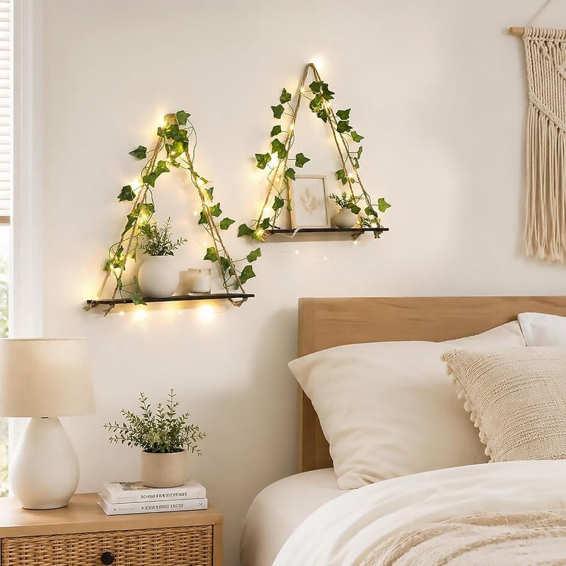 Artilady 2 Pack Artificial Ivy Wall Hanging Shelves Boho Floating Shelves Wall Decor, Adjustable Rustic Wood Shelf with LED Light Storage Rack Macrame Plant Shleves Holder for Bedroom - Image 3