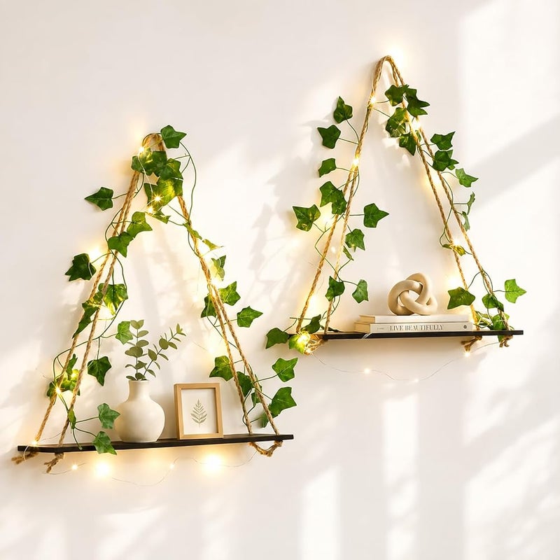 Artilady 2 Pack Artificial Ivy Wall Hanging Shelves Boho Floating Shelves Wall Decor, Adjustable Rustic Wood Shelf with LED Light Storage Rack Macrame Plant Shleves Holder for Bedroom - Image 1