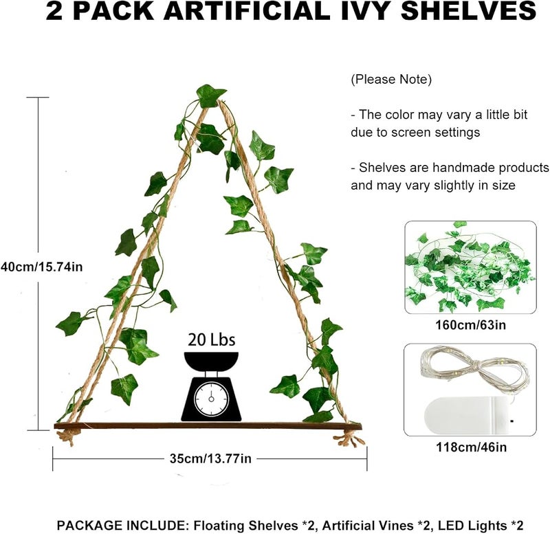 Artilady 2 Pack Artificial Ivy Wall Hanging Shelves Boho Floating Shelves Wall Decor, Adjustable Rustic Wood Shelf with LED Light Storage Rack Macrame Plant Shleves Holder for Bedroom - Image 2