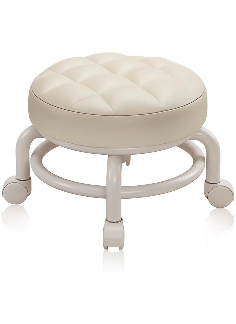 TOMSHOO - Round Rolling Low Stool- PU Leather Low Stool 360° More Comfortable Swivel with Thickened Sponge Cushion for Nail Salon, Pedicure, SPA and Home (Beige) - Image 1
