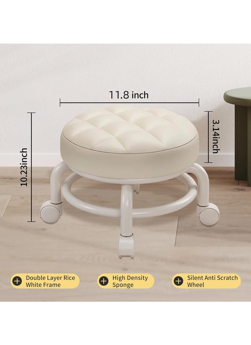 TOMSHOO - Round Rolling Low Stool- PU Leather Low Stool 360° More Comfortable Swivel with Thickened Sponge Cushion for Nail Salon, Pedicure, SPA and Home (Beige) - Image 1