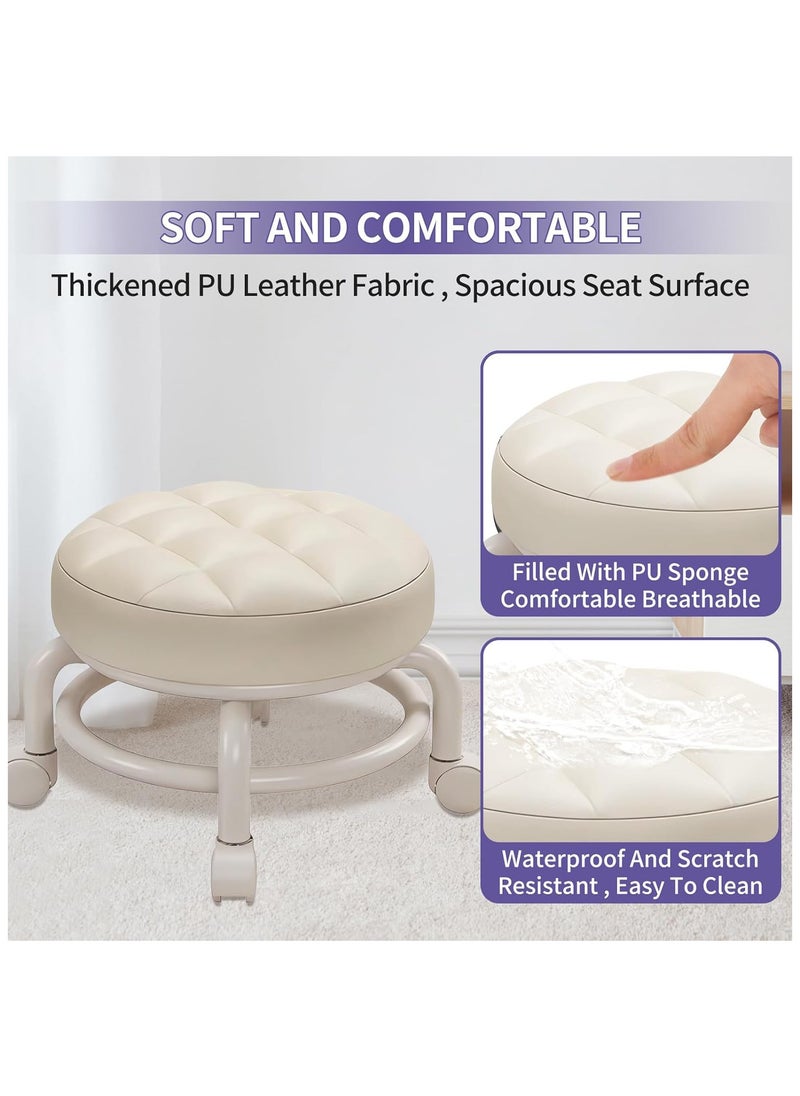 TOMSHOO - Round Rolling Low Stool- PU Leather Low Stool 360° More Comfortable Swivel with Thickened Sponge Cushion for Nail Salon, Pedicure, SPA and Home (Beige) - Image 1