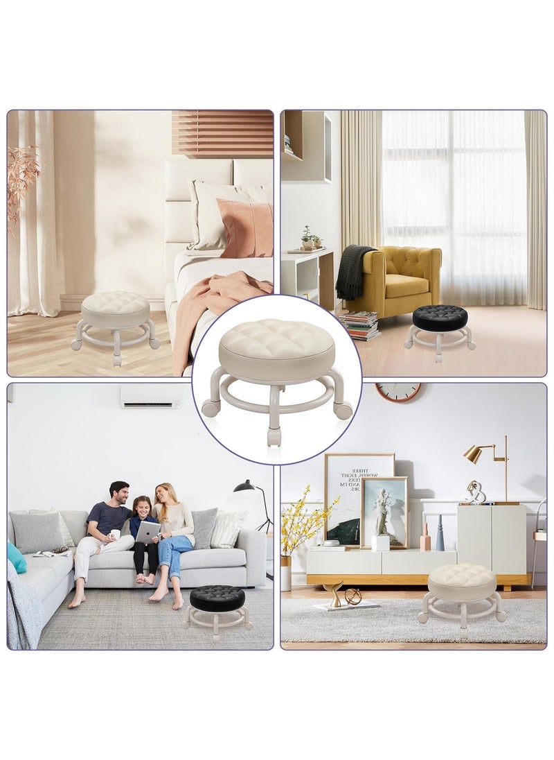 TOMSHOO - Round Rolling Low Stool- PU Leather Low Stool 360° More Comfortable Swivel with Thickened Sponge Cushion for Nail Salon, Pedicure, SPA and Home (Beige) - Image 1