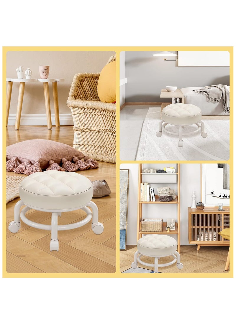 TOMSHOO - Round Rolling Low Stool- PU Leather Low Stool 360° More Comfortable Swivel with Thickened Sponge Cushion for Nail Salon, Pedicure, SPA and Home (Beige) - Image 1