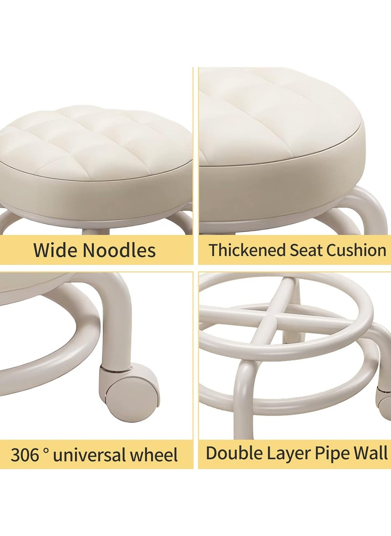 TOMSHOO - Round Rolling Low Stool- PU Leather Low Stool 360° More Comfortable Swivel with Thickened Sponge Cushion for Nail Salon, Pedicure, SPA and Home (Beige) - Image 1