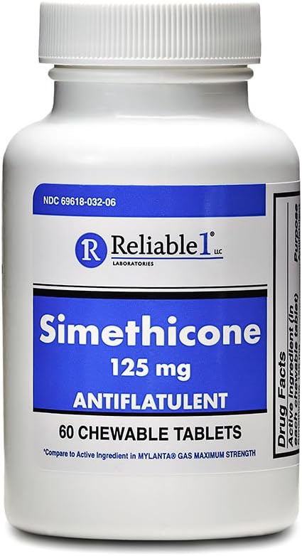 Reliable-1 Laboratories Reliable-1 Laboratories Simethicone 125mg Gas Relief Tablets Extra Strength Bloating Relief Gas Pills | Anti Flatulence, Rapid Gas Relief for Adults | Peppermint Flavor | 60 Chewable Tablets 