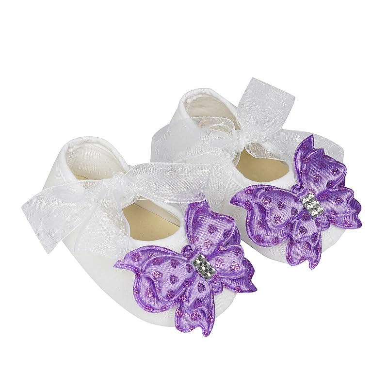 Rsmart Infant New Baby Toddlers Boys and Girls Cotton White Sandal Ribbon Booties With Purple Butterfly Patch [RSM_34] - Image 1