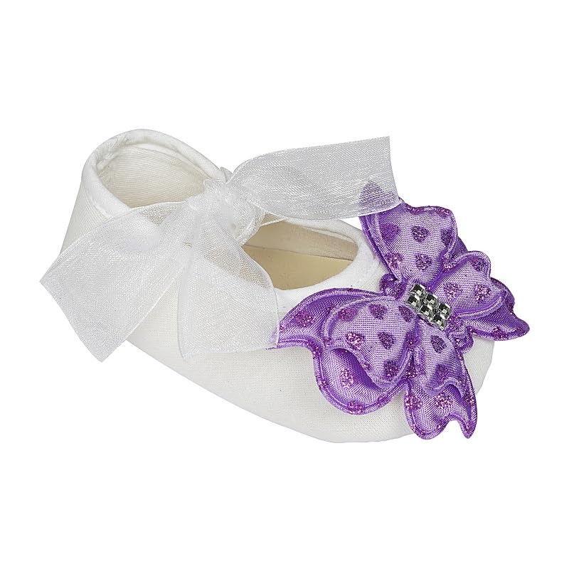 Rsmart Infant New Baby Toddlers Boys and Girls Cotton White Sandal Ribbon Booties With Purple Butterfly Patch [RSM_34] - Image 3