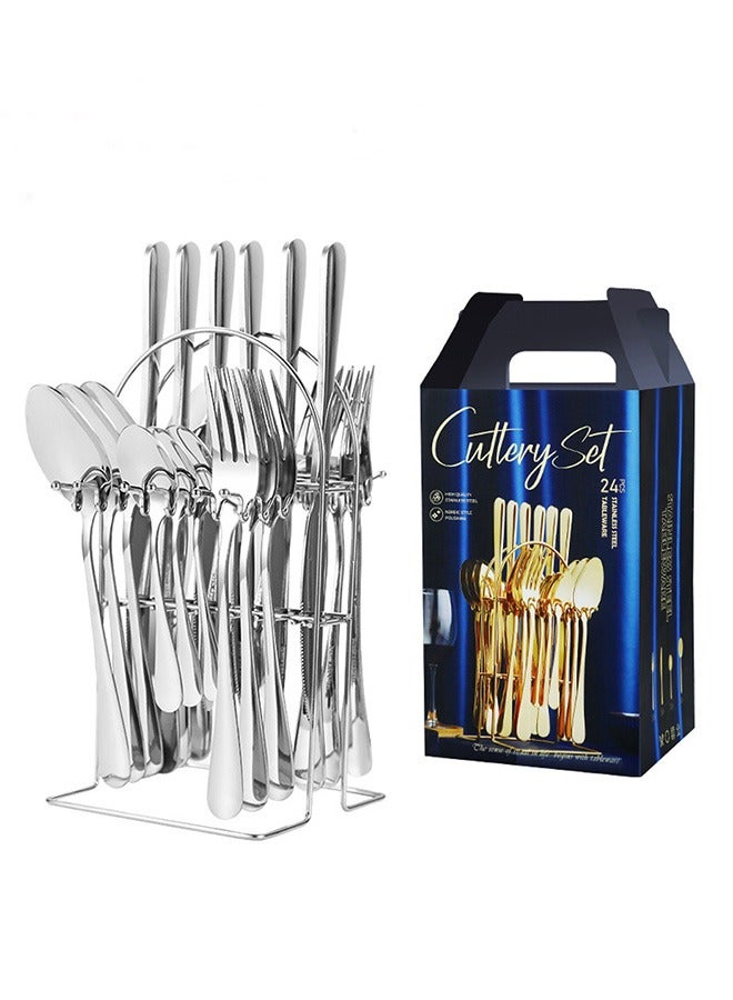 RollsTimi  24 Pieces Stainless Steel Flatware Set with Stand,Cutlery Set Mirror Polished,Service for 6,Include Knife/Fork/Spoon/Teaspoon,Silver - Image 1