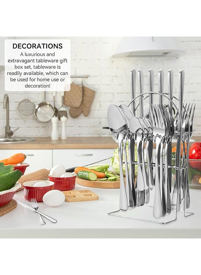 RollsTimi  24 Pieces Stainless Steel Flatware Set with Stand,Cutlery Set Mirror Polished,Service for 6,Include Knife/Fork/Spoon/Teaspoon,Silver - Image 2