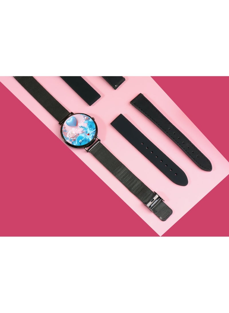 Telzeal LOLA-6 Round Shape Ultra-Slim Smartwatch with 3 Interchangeable Straps and Charging Cable Designed for Ladies Black - Image 3