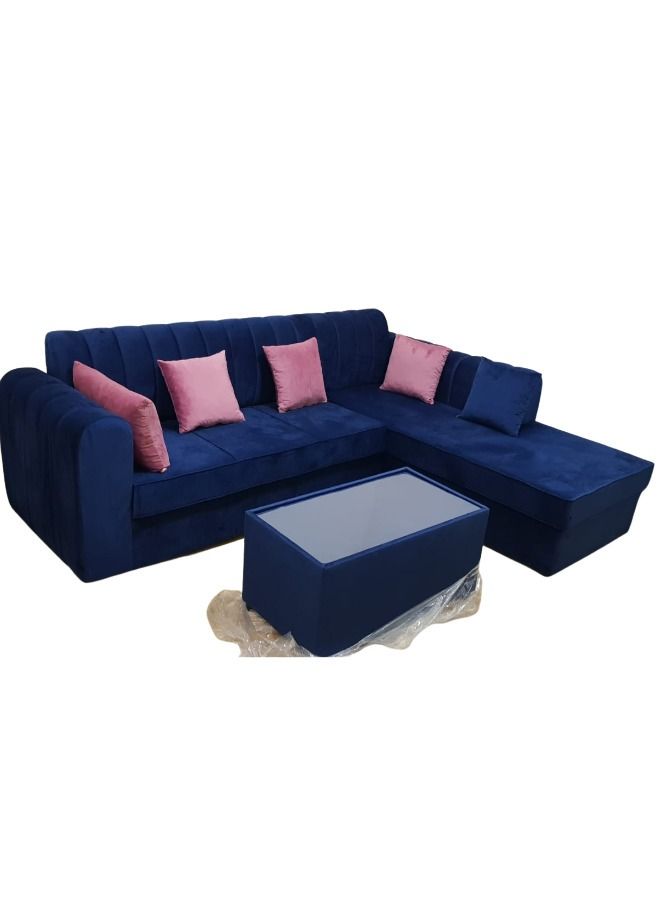 مهارة البحر طقم أريكة مخملية على شكل حرف L مع وسادة وطاولة أزرق / -250X80X80 